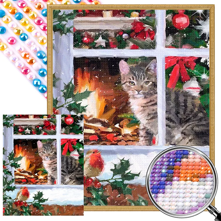 Partial AB Drill - Full Round Drill Diamond Painting -Cat By The Window In Winter - 40*50cm
