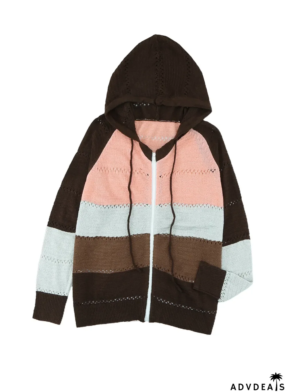 Brown Zipped Front Colorblock Hollow-out Knit Hoodie