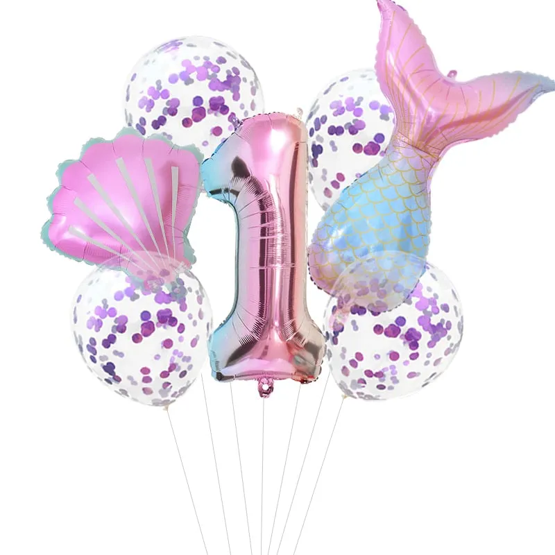 Mermaid Birthday Party Disposable Tableware Set Under The Sea Party Little Mermaid Girls 1st Birthday Decoration Shell Balloons