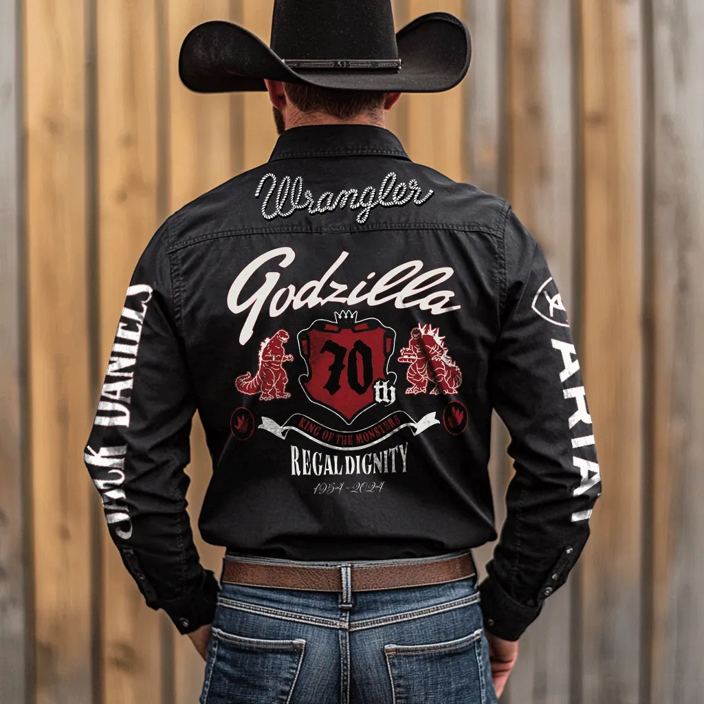 Men's 99 Pack Regal Dignity Godzilla Western Cowboy Outdoor Teams Black Long Sleeved Collar Shirts
