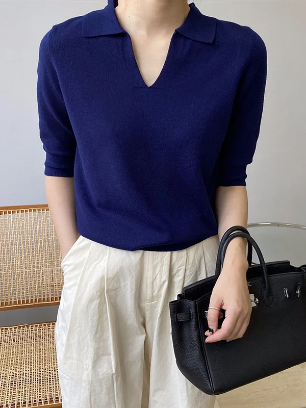 7 Colors Urban Solid Color Half Sleeves Knitting Shirt Top