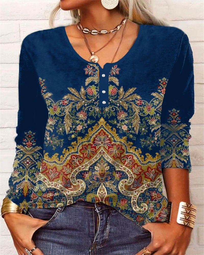 Casual Ethnic Round Neck Long Sleeve T-Shirt Top