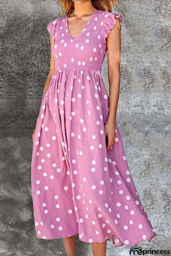 V-neck High Waist Polka Dot Print Dress