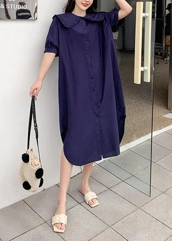 Loose Navy Peter Pan Collar side open Party Summer Cotton Dress