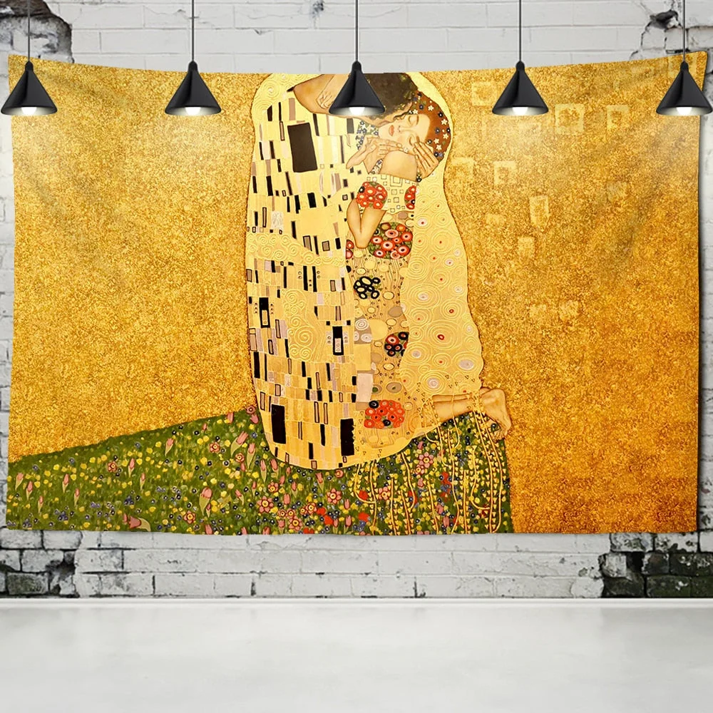 Gustav Klimt Oil Painting Tapestry Wall Hanging Kiss Of Gold Abstract Art Decoration Polyester Blanket Yoga Mat Home Bedroom Art