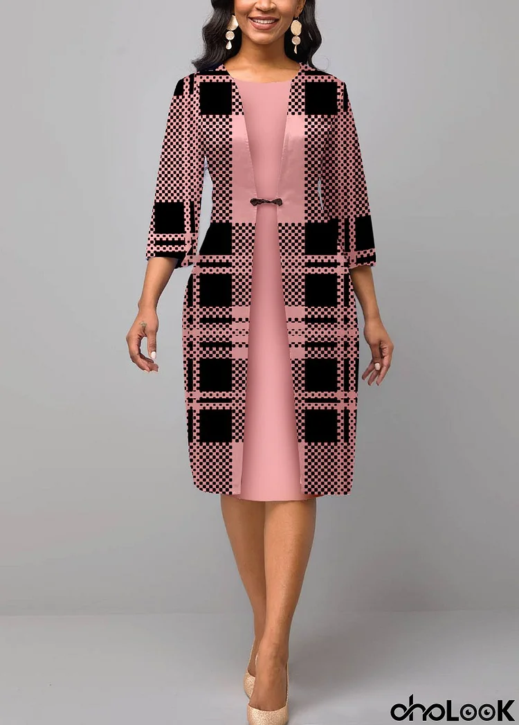 Pink 3/4 Sleeve Plaid Faux Two Piece Dress