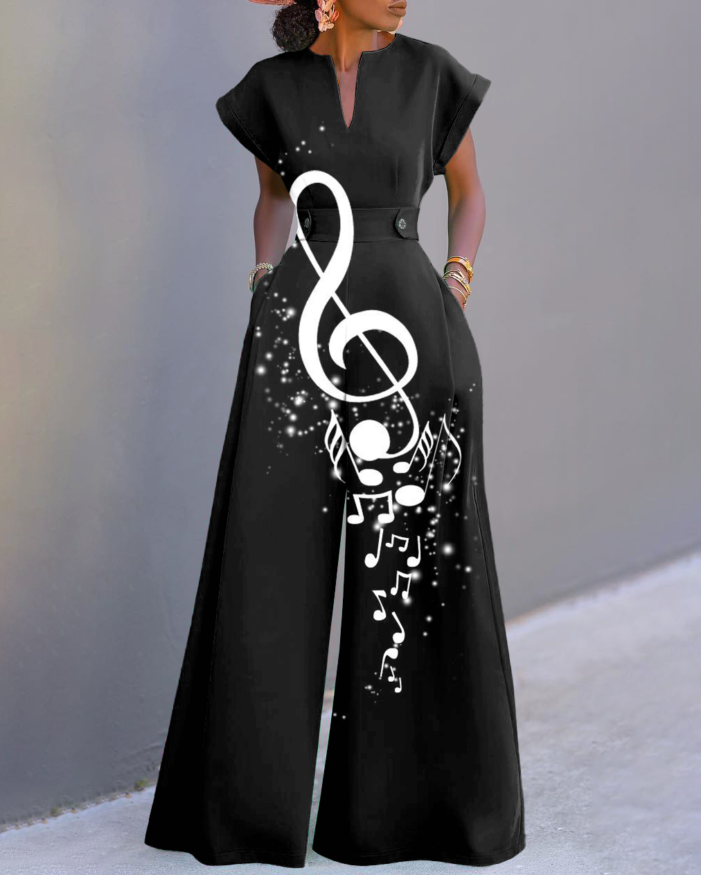 Fun Music Symbols Print Neckline Batwing Sleeve Wide Leg Jumpsuit