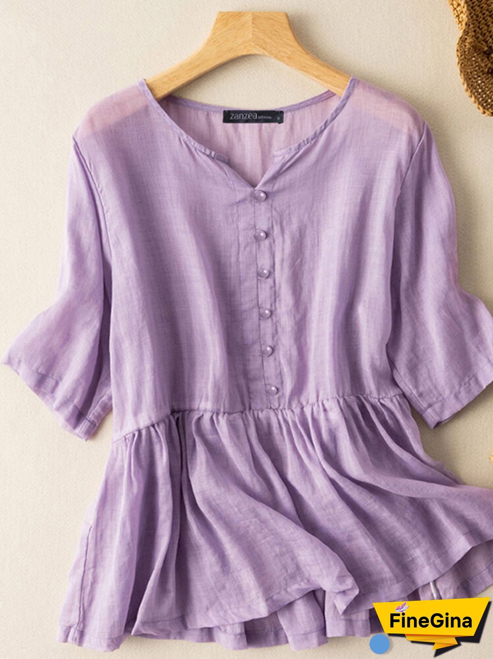 Cotton Solid Button Ruched Ruffle Short Sleeve Blouse