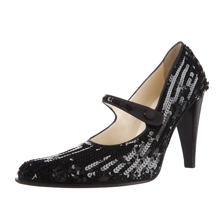 Black Sequined Mary Jane Shoes Round Toe Cone Heels Pumps |FSJ Shoes