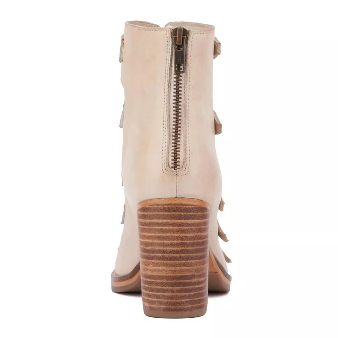 Beige Hollow-Out Peep Toe Chunky High Heels Sandals with Buckle