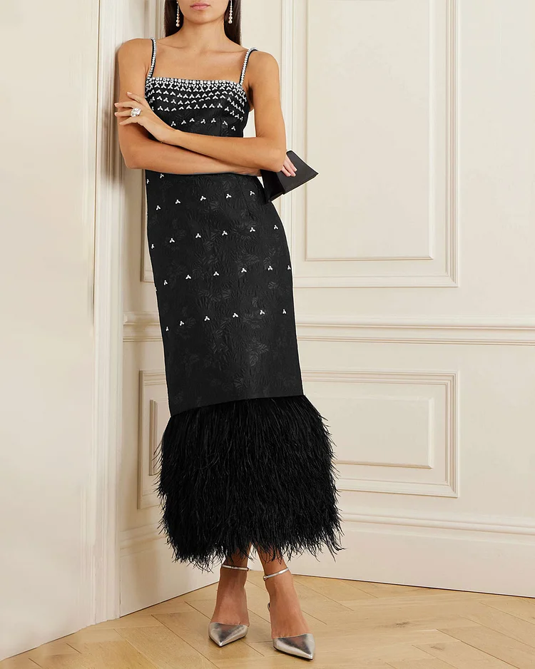 Feather-trimmed crystal-embellished cloqué gown