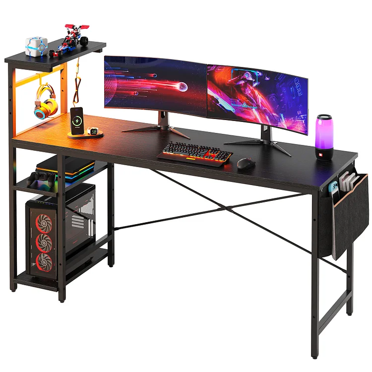 Bestier Reversible 63 inch Gaming Computer Desk with LED Lights 4 Tier Shelves Carbon Fiber