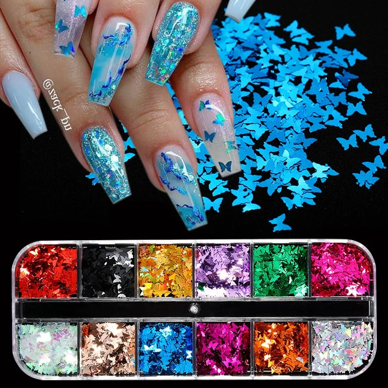 12 Grids Colorful Flourescent Nail Sequins Hollow Circle Sequins Neon Round Nail Art Glitter Flakes Butterfly 3D Slice Tips-Nail Inspo