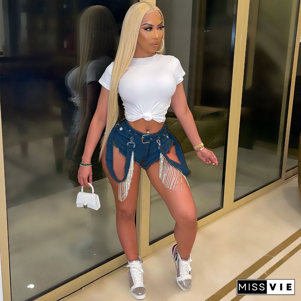 Low Waist Ripped Holes Tassel Hot Drill Denim Shorts