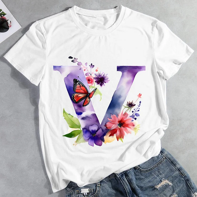 Butterfly Alphabet V Round Neck T-shirt