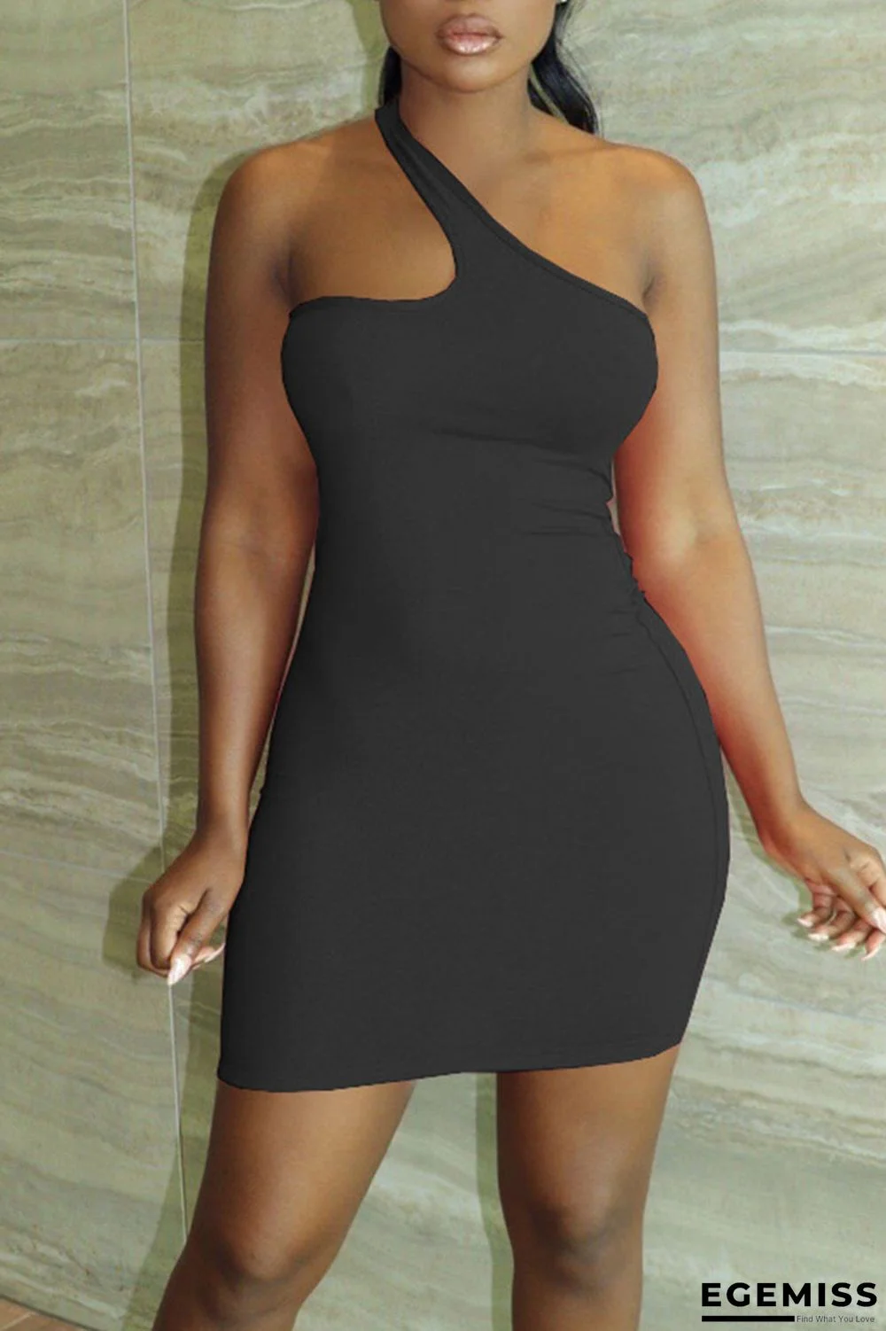 Black Sexy Solid Patchwork Asymmetrical Collar Pencil Skirt Dresses | EGEMISS