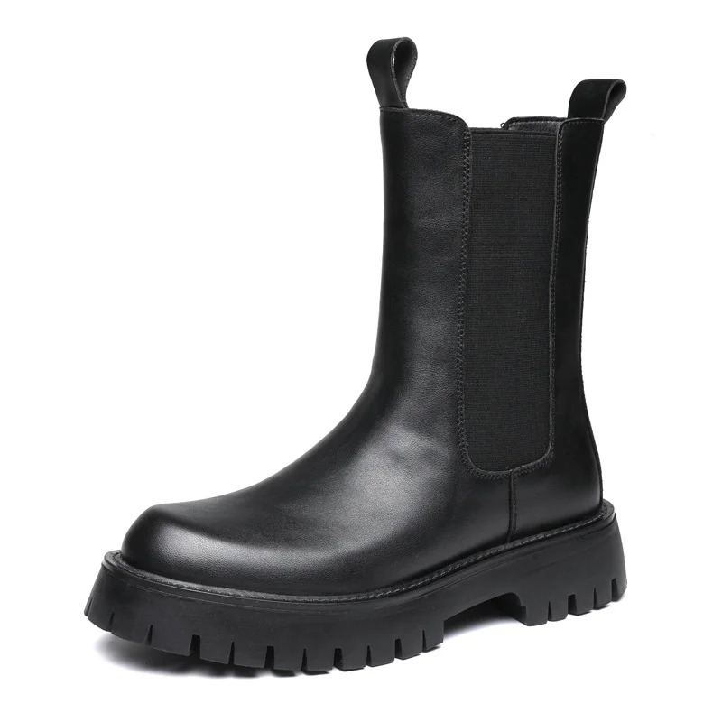 Tanguoant Tanguoant New 2024 High Leg Thick Chelsea Boots Round Head Black Korean Fashion Single Boots 9612-R