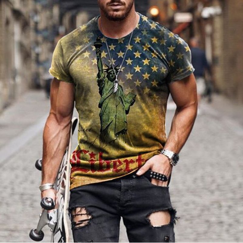 Flag 3D Printed Crew Neck Short Sleeve Street Trend | EGEMISS