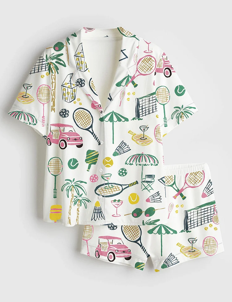 Women&rsquo;s Hand Drawn Watercolor Tennis Bachelorette Party Country Club Tennis Pickleball Aesthetic Print Short Sleeve Satin Pajama Set