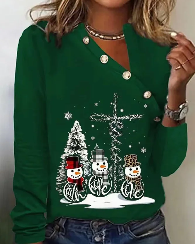 Casual Loose Buttoned Christmas Long sleeve T-Shirt