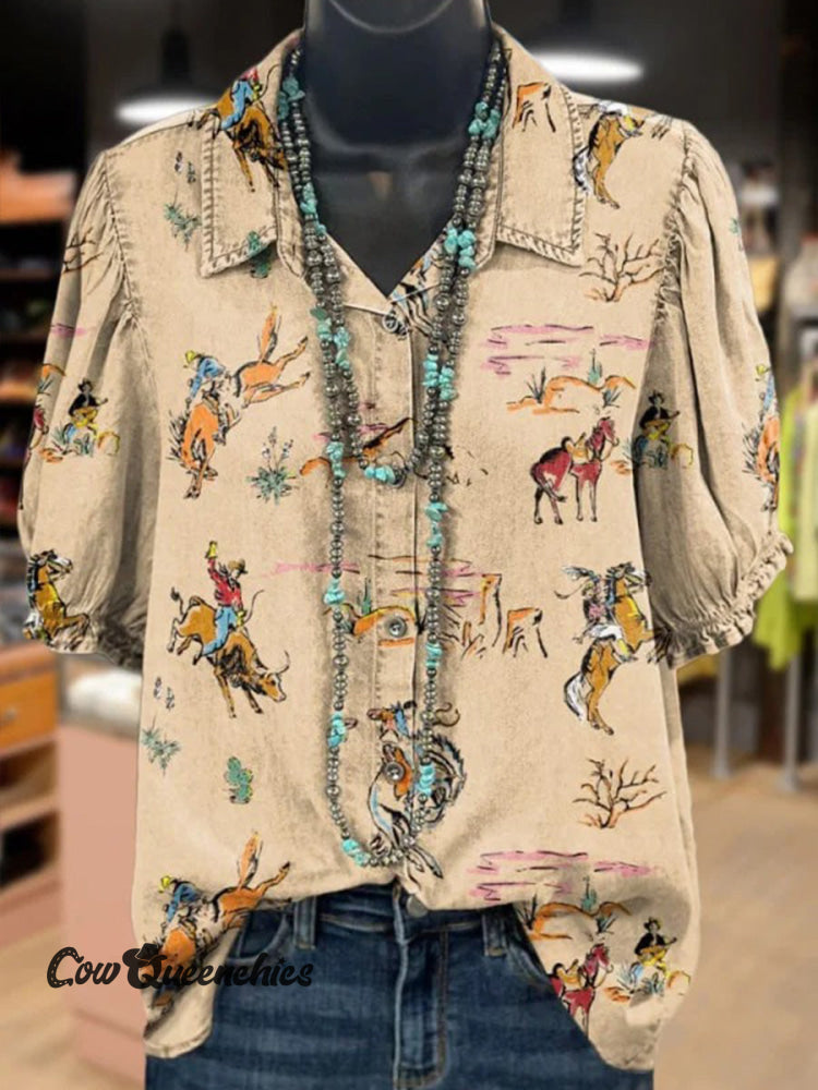Women’s Vintage Western Pattern Print Casual Cotton Shirt Multicolor / S