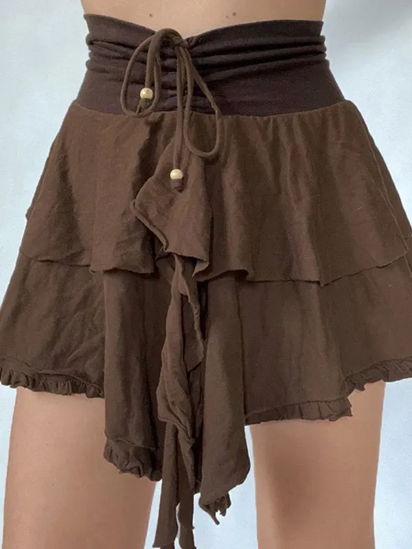 Brownm Lace Double Layer Mini Skirts