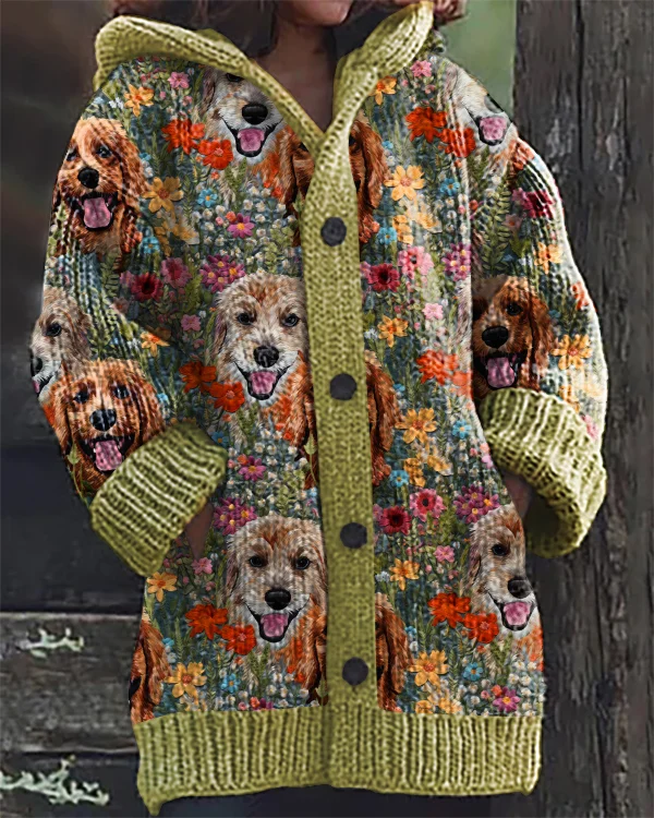 Vintage Dog Flowers Art Print Hooded Cardigan