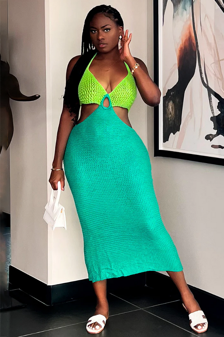 Colorblock Crochet Halter Bodycon Backless Vacation Midi Dresses-Green