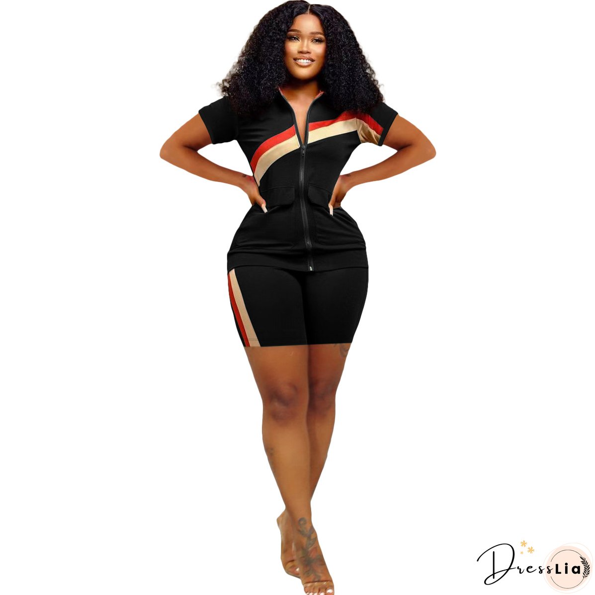 Women's Sports Casual Fashion Zip Pocket Top Shorts Two-Piece Set