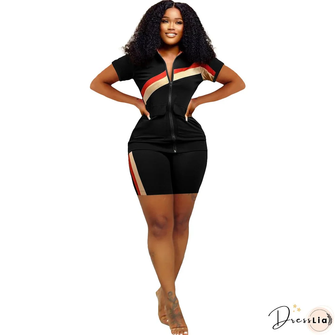 Women's Sports Casual Fashion Zip Pocket Top Shorts Two-Piece Set