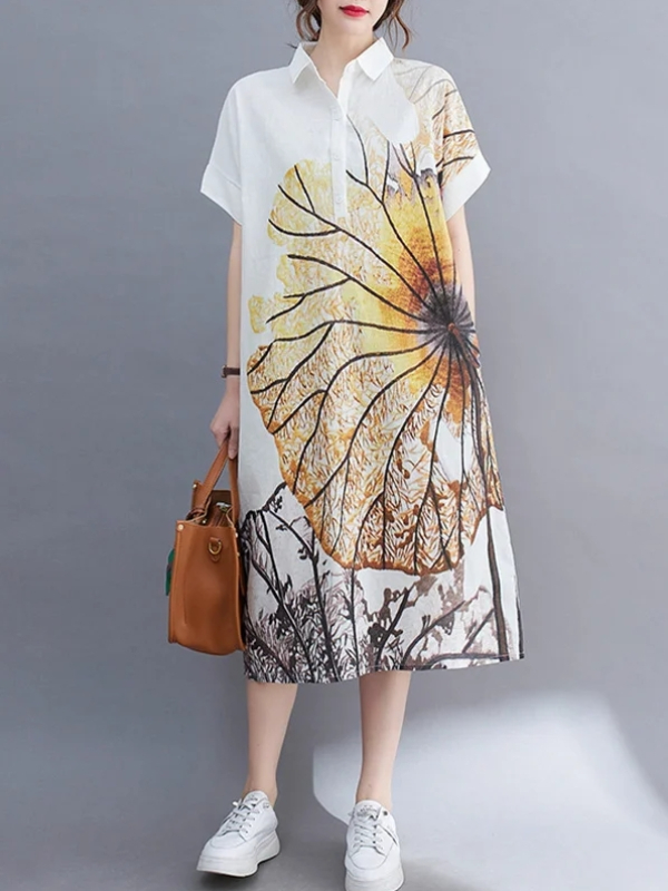 Literary Vintage Printing Button-Down Lapel Short-Sleeved Shirt Midi Dress