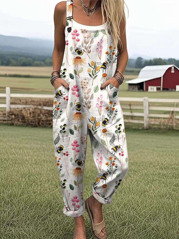 Women's Cute Bumblebee Print Casual Wide Leg Jumpsuit
