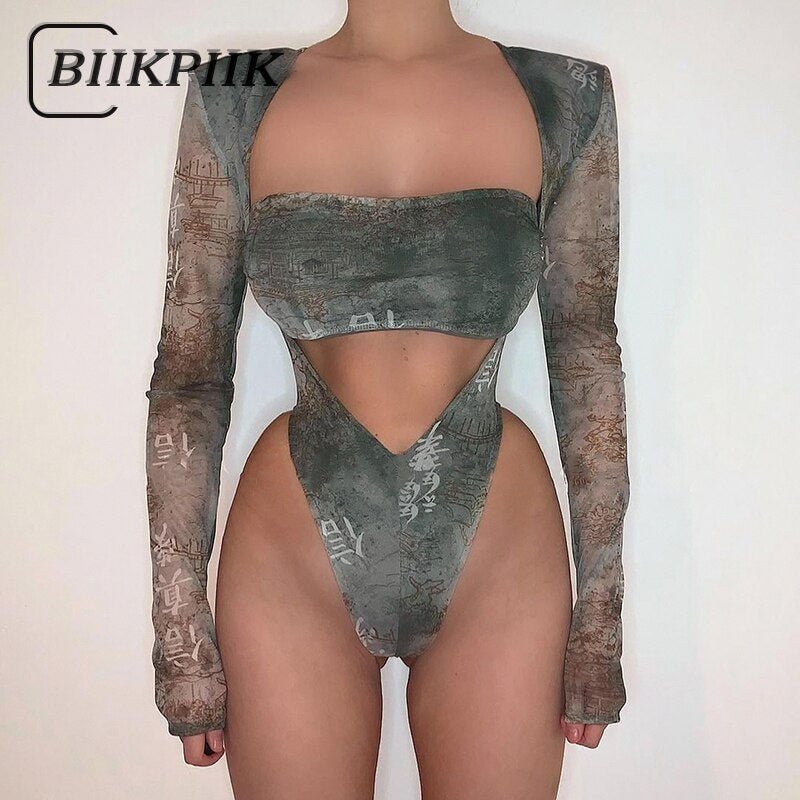 BIIKPIIK Character Printing Hollow Out Slim Long Sleeve Tops Women Square Collar Mesh Sexy Bodysuits One Piece Vintage Partywear