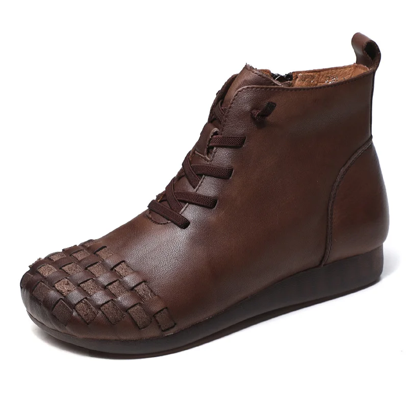 Yyvonne Time 138] National Wind Leather Hand-Woven Flat Bottom Short Boots Cow Skin Boots Soft Bottom Women's Cotton Boots
