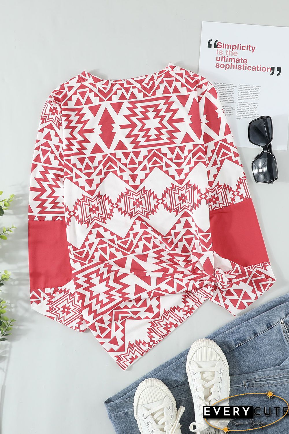 Red Aztec Print Splicing Pocket Long Sleeve Top