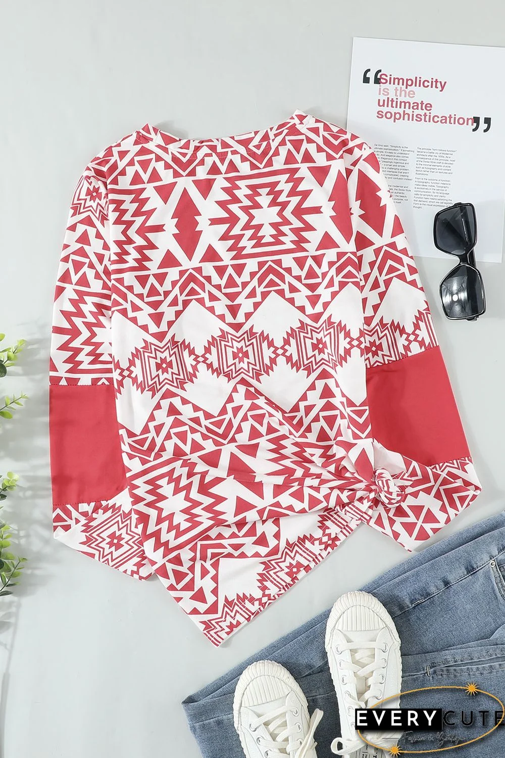 Red Aztec Print Splicing Pocket Long Sleeve Top