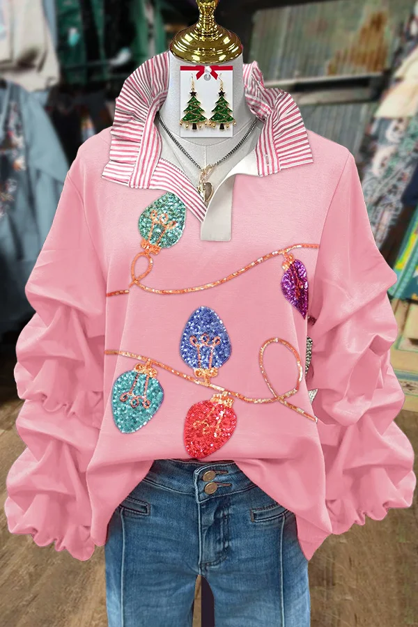 Christmas Lights Print Ruched Sleeve Top