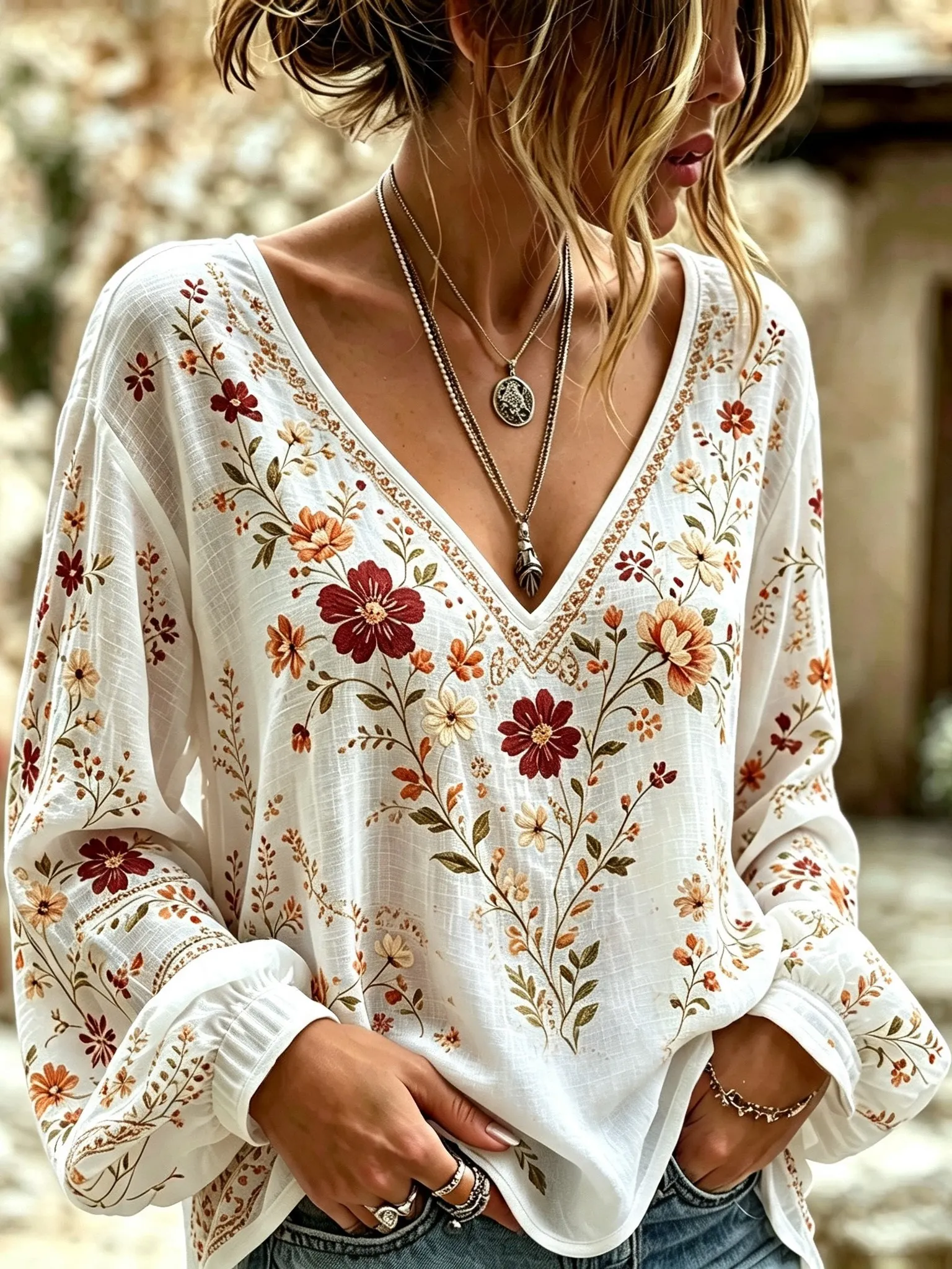 Comstylish Women's Bohemian Floral Print Cotton Linen Top