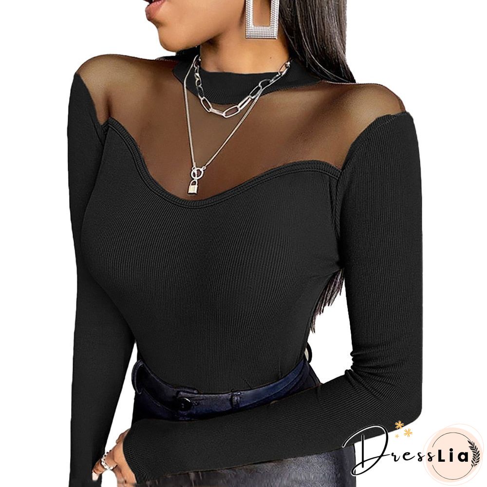 Solid Color Elegant Office Lady Women Slim Fit Tops Long Sleeve Round Neck Mesh Patchwork T-Shirt Sexy Female Black Clothes