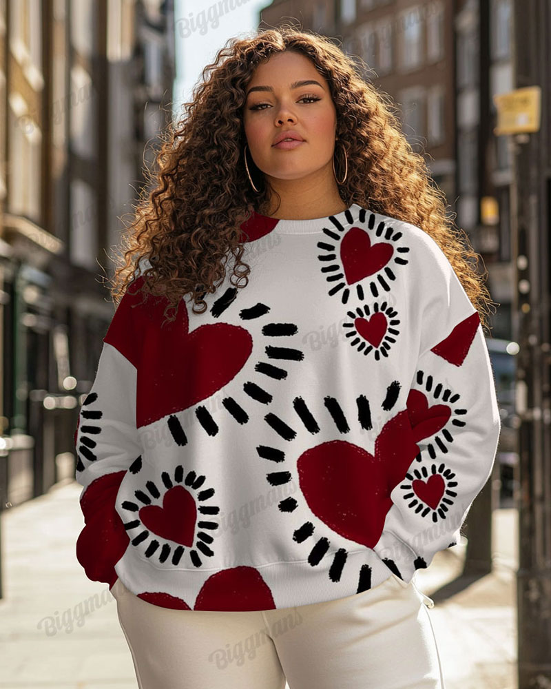Plus Size Colorblock Heart Print Casual Long Sleeve Sweatshirt