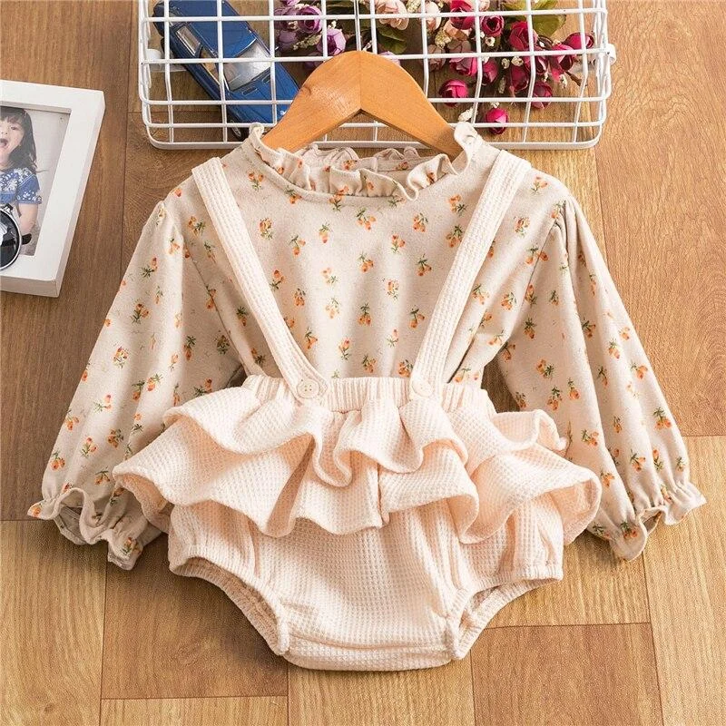 Long Sleeve Girls Spring Clothing Floral 12M Baby Girls Clothes Sets 2pcs Linen Cotton Outfits For Toddler Girls Suspender Skirt