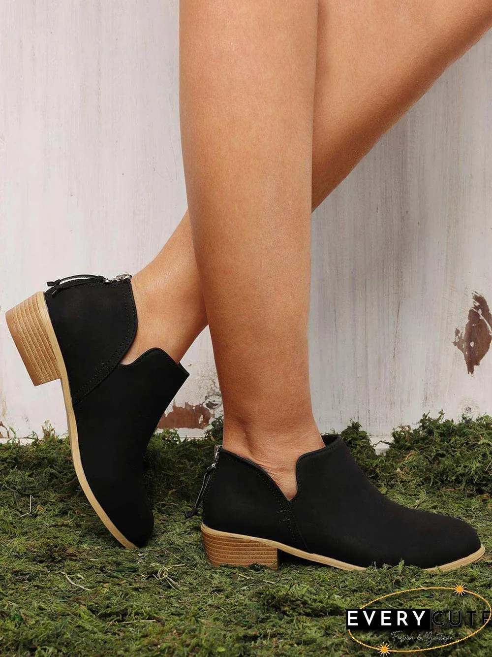 Pu Chunky Heel Zipper Pumps