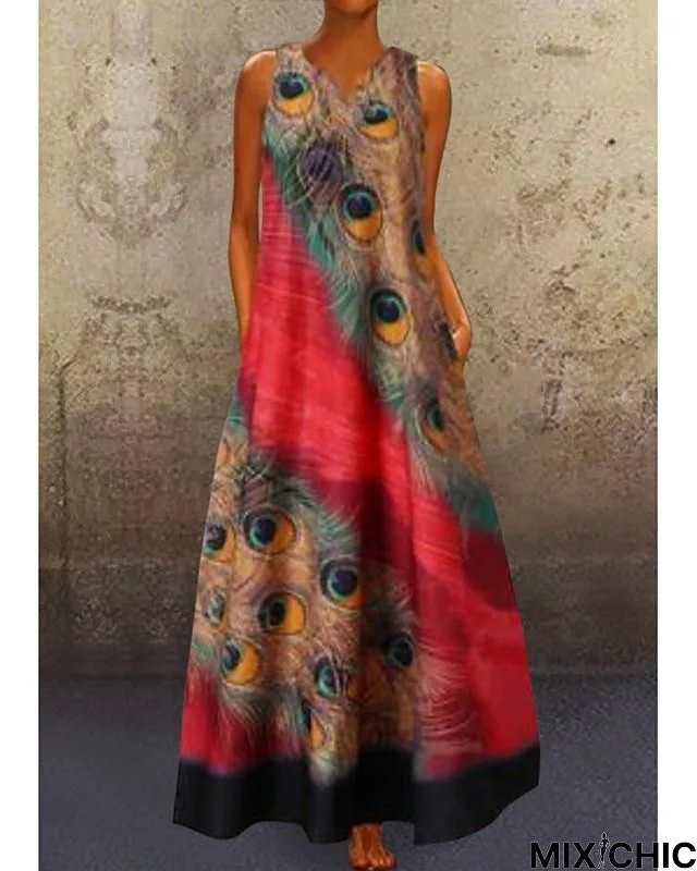 Women's A-Line Dress Maxi Long Dress - Sleeveless Peacock Feathers Print Summer V Neck Plus Size Hot Casual Holiday Vacation Dresses Red Navy Blue Light Blue