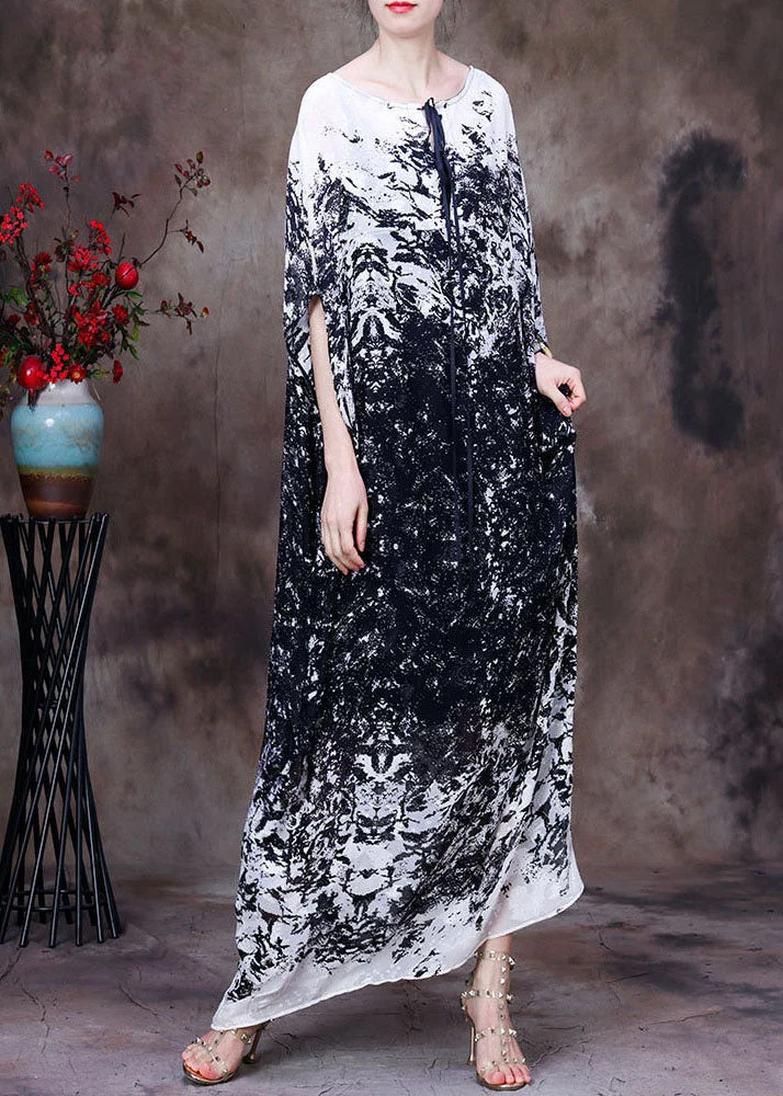 Simple Black White O-Neck Print Lace Up Silk Long Dresses Batwing Sleeve