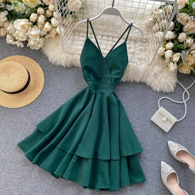 FTLZZ 2021 New Summer Spaghetti Strap Dress Female Sexy V Neck Backless High Waist Dress Ladys Red Yellow White Ball Gown Dress