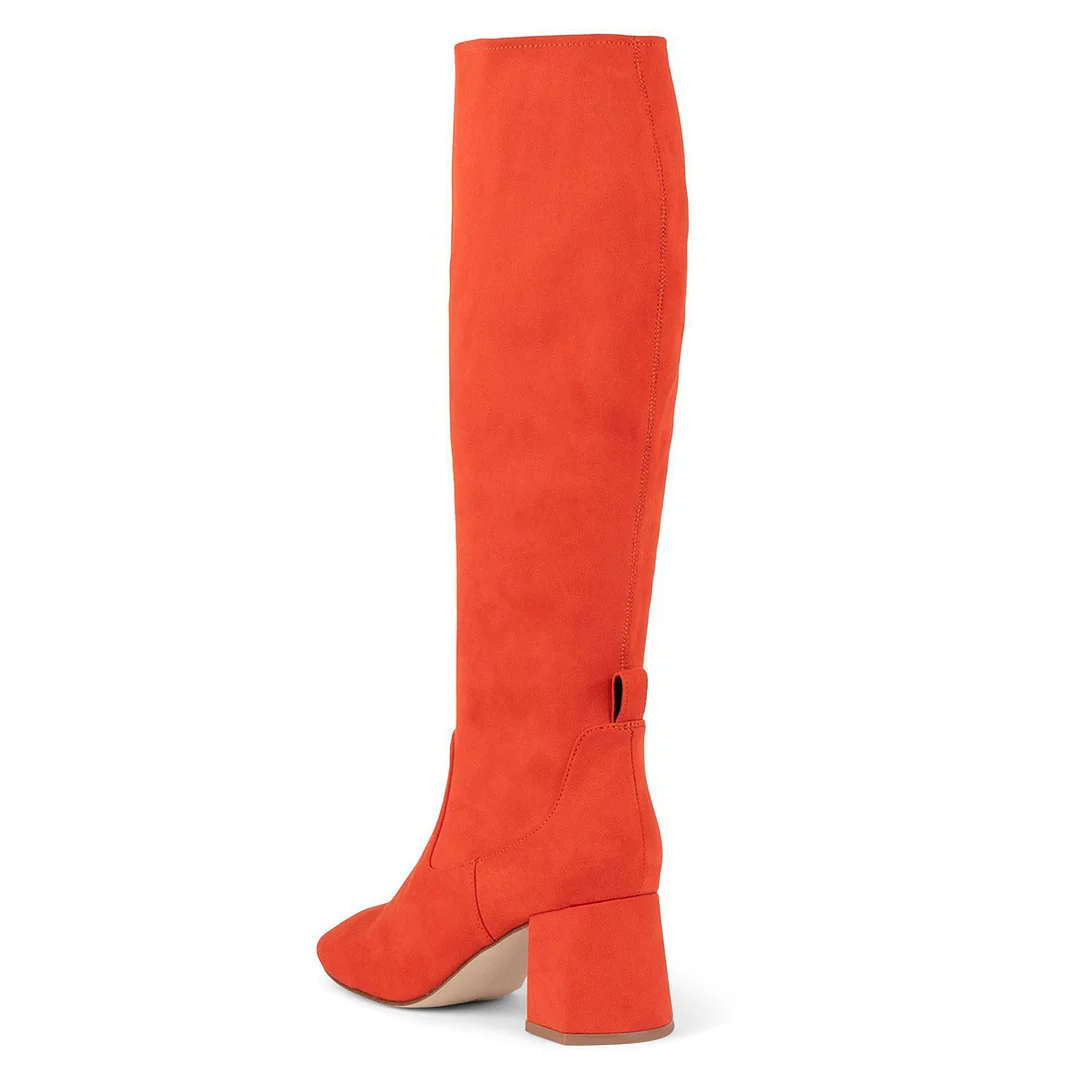 Vegan Suede Chunky Heel Round Toe Zipper Knee High Boots in Orange