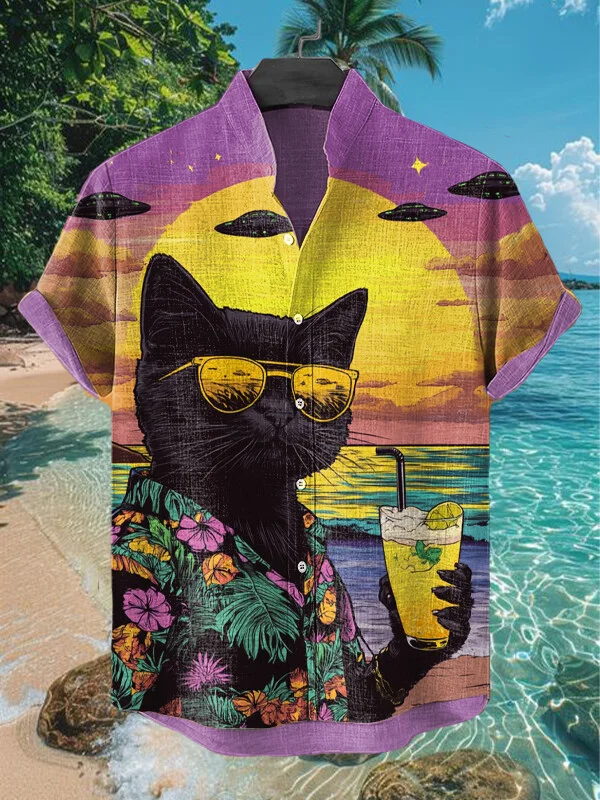 Men's Black Cat Drinking Cocktail On Hawaii Vacation Art Print Casual Shirt