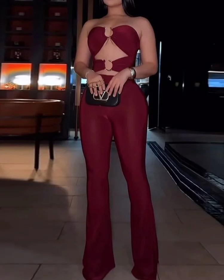 Sleeveless Hollow Solid Color Jumpsuit