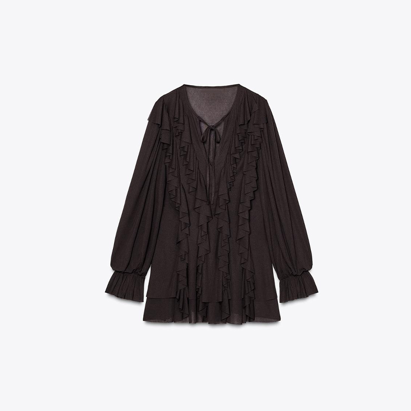 Brown Ruffle Short Dress Women Elegant Lace Up Long Sleeve V-neck Solid Party Dresses Female 2025 Fashion Loose A-line Robe