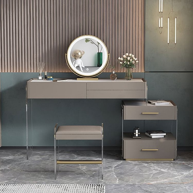 Homemys Modern floating acrylic sintered stone dressing table grey with drawers & Stool & Cabinet